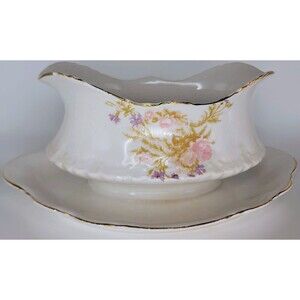 Homer Laughlin Hudson Gold trim Gravy Boat Attached Underplate Vintage